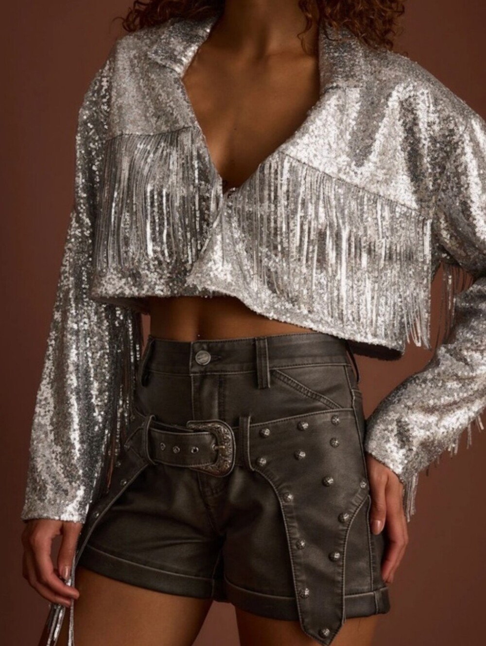 12th Tribe Star Crossed Sequin Fringe Crop Jacket Silver Festival Size S/M